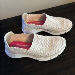 Skechers White Woven Slip-On Shoes